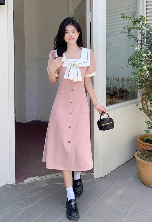 量産型/参戦服/推し活 スクエアカラーとハイウエストが映えるシックなフレンチリボンワンピース！オトナっぽさ満点♡ワンピース