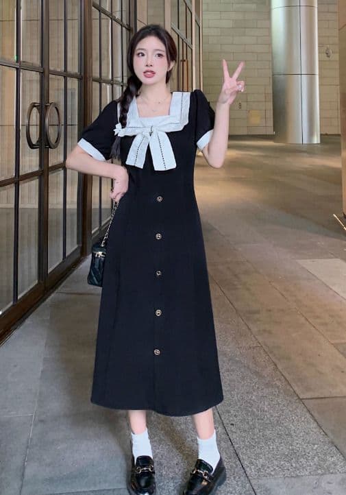 量産型/参戦服/推し活 スクエアカラーとハイウエストが映えるシックなフレンチリボンワンピース！オトナっぽさ満点♡ワンピース