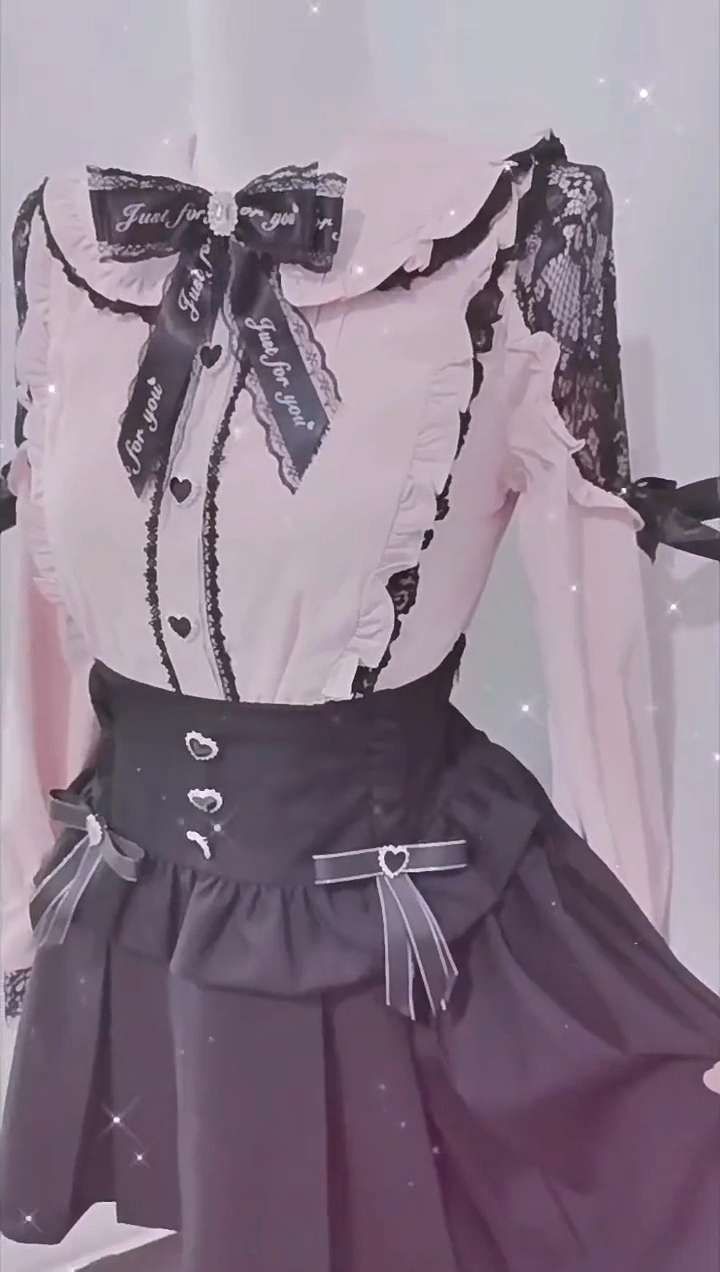 量産型/参戦服/推し活 ロングスリーブレースオフショルダーブラウスピンク&ブラック