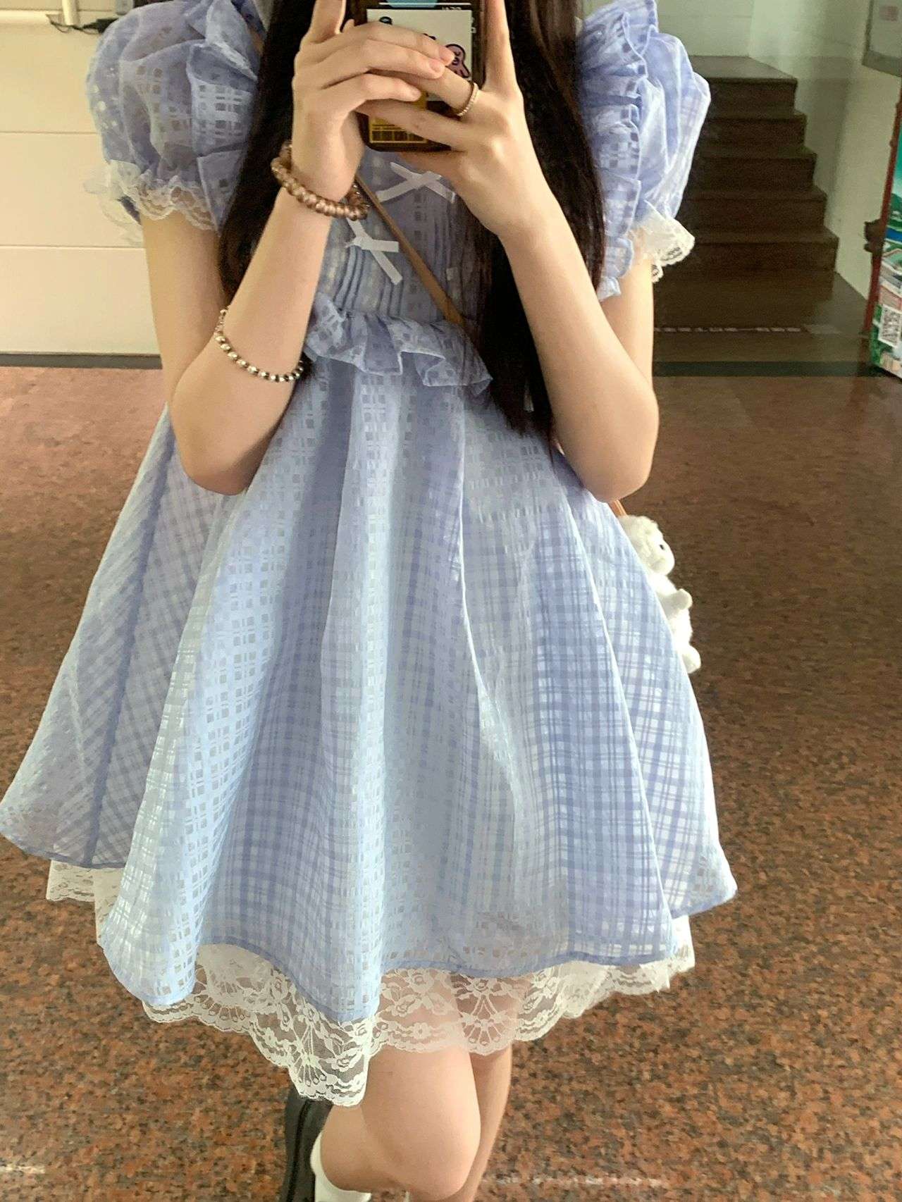 量産型/参戦服/推し活 ブルーチェックのレースバルーンワンピース