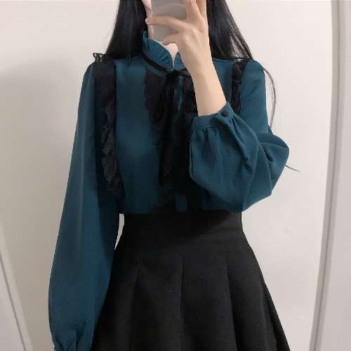 量産型/参戦服/推し活 シフォンレースのリボンブラウス