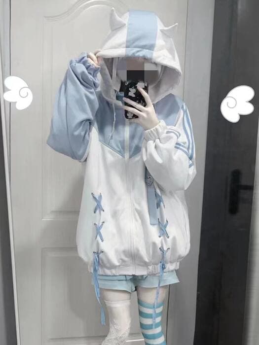 量産型/参戦服/推し活 リボン編み上げ耳付きパステルパーカー