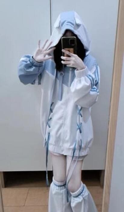 量産型/参戦服/推し活 リボン編み上げ耳付きパステルパーカー