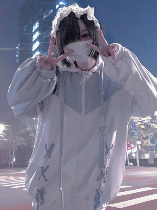 量産型/参戦服/推し活 リボン編み上げ耳付きパステルパーカー