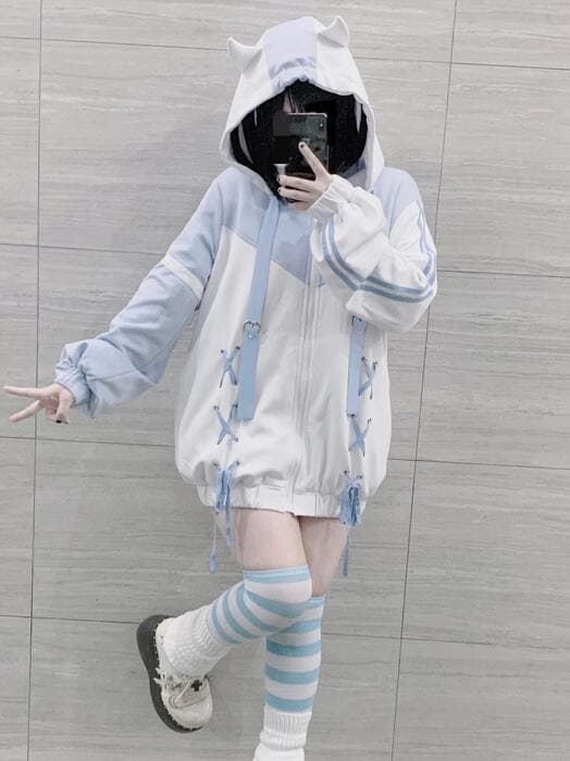 量産型/参戦服/推し活 リボン編み上げ耳付きパステルパーカー