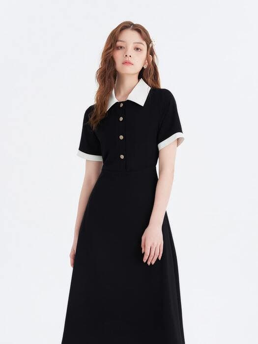 量産型/参戦服/推し活 シックでクールなブラックワンピース♡丸ボタンと差し色の白が彩る!ワンピース
