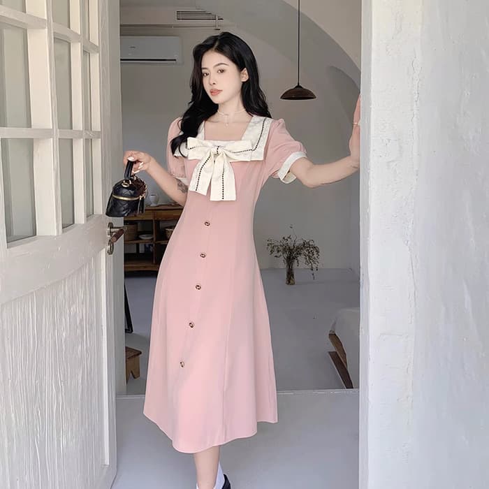 量産型/参戦服/推し活 フレンチリボンでオトナっぽ&シック!ロングスクエアカラーのハイウエストワンピース!