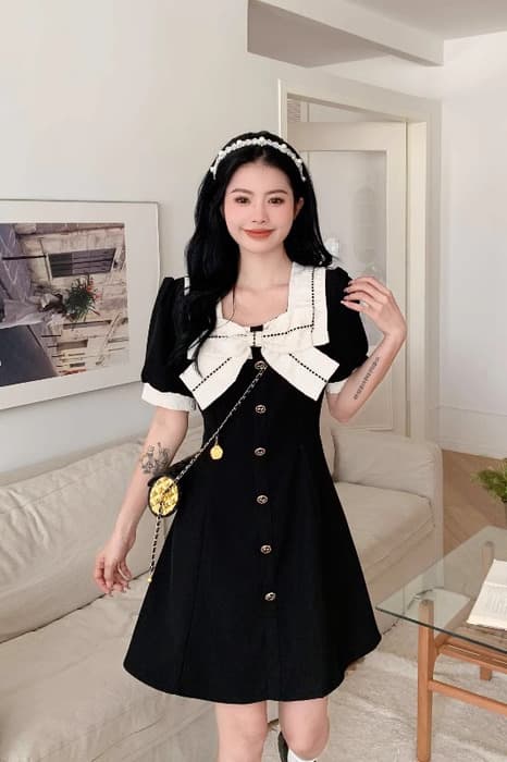 量産型/参戦服/推し活 スクエアカラーとハイウエストが映えるシックなフレンチリボンワンピース!オトナっぽさ満点♡ワンピース