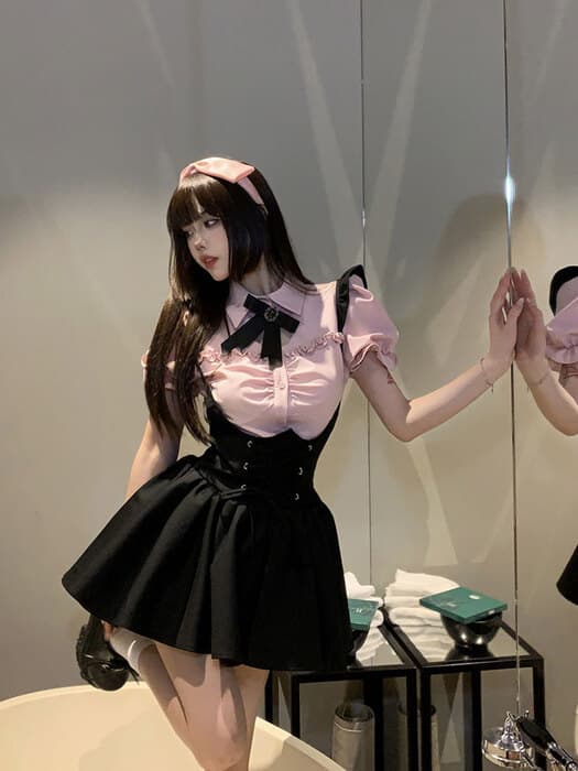 量産型/参戦服/推し活 ブラック×ふわふわ!キュートなサスペンダーショートスカート♡で可愛く着こなそう♪