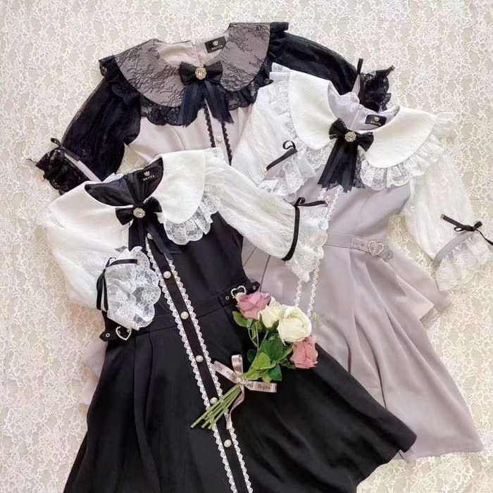 量産型/参戦服/推し活 レースのかわいさにメロメロ!ムスクテールカラーのワンピースが女子のハートをつかむ♡