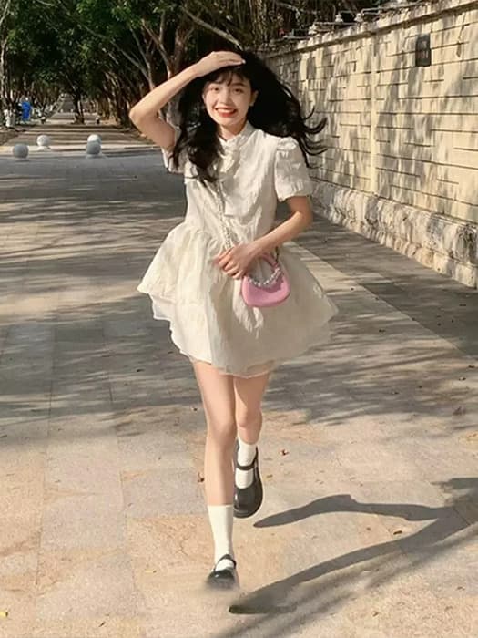 量産型/参戦服/推し活 ふんわりとしたチュチュスカートとパフスリーブが可愛い!×チャイナ風ワンピース◎