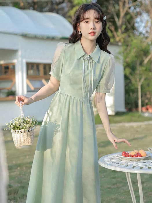 量産型/参戦服/推し活 くすみグリーンドレス!夏の透け感と優しいロングスカートで魅了する♡ ワンピース