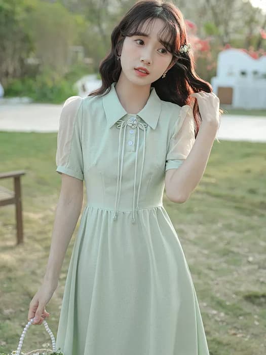 量産型/参戦服/推し活 くすみグリーンドレス!夏の透け感と優しいロングスカートで魅了する♡ ワンピース