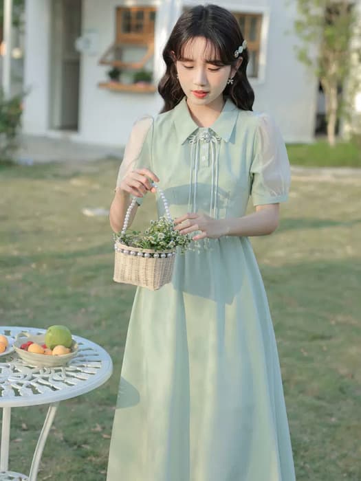 量産型/参戦服/推し活 くすみグリーンドレス!夏の透け感と優しいロングスカートで魅了する♡ ワンピース