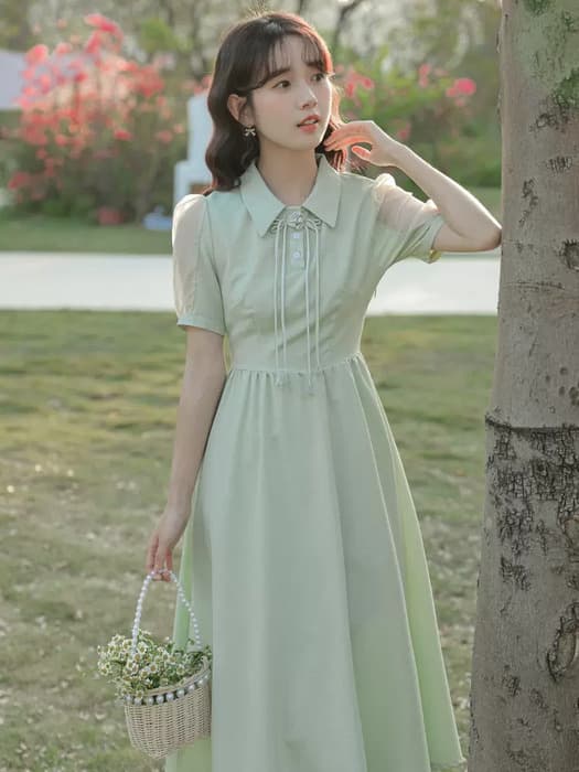 量産型/参戦服/推し活 くすみグリーンドレス!夏の透け感と優しいロングスカートで魅了する♡ ワンピース