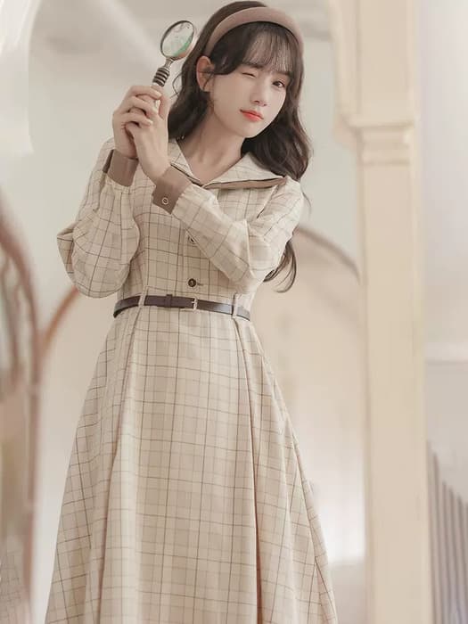 量産型/参戦服/推し活 細目ベルトブラウンワンピース