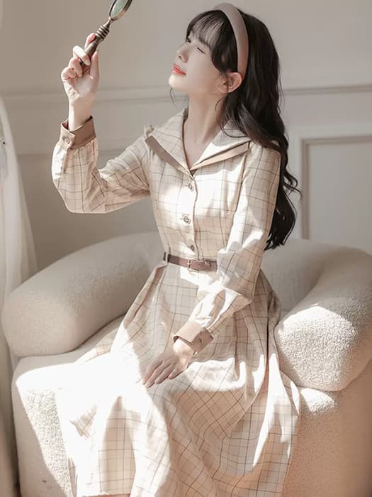 量産型/参戦服/推し活 細目ベルトブラウンワンピース