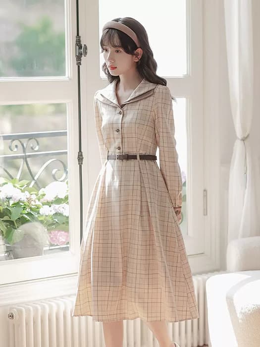 量産型/参戦服/推し活 細目ベルトブラウンワンピース