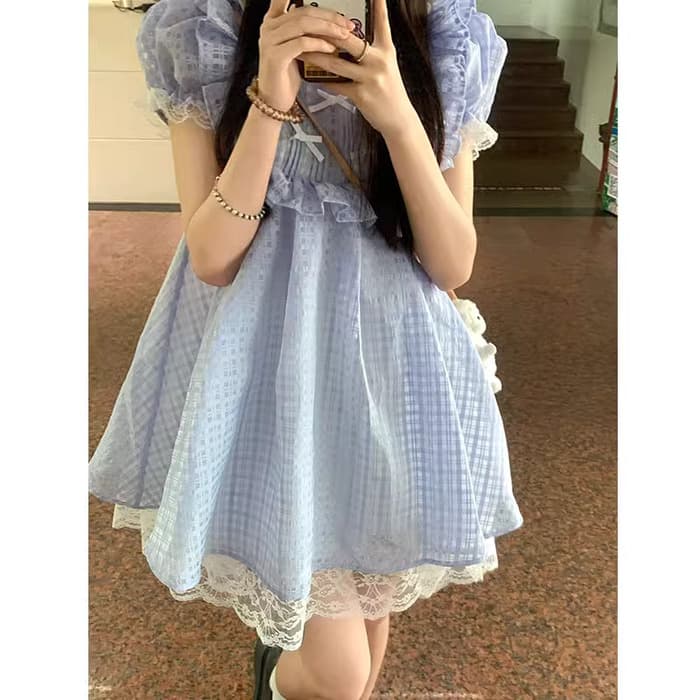 量産型/参戦服/推し活 夏のブルーで涼し気♡チェック柄プリンセスワンピース!