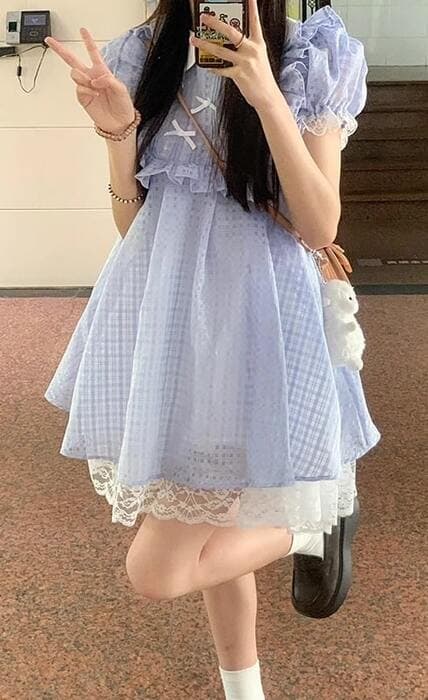 量産型/参戦服/推し活 夏のブルーで涼し気♡チェック柄プリンセスワンピース!