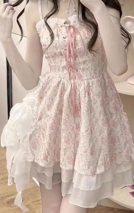 量産型/参戦服/推し活 遊び心満載♡春の猫っぽ花柄ワンピース
