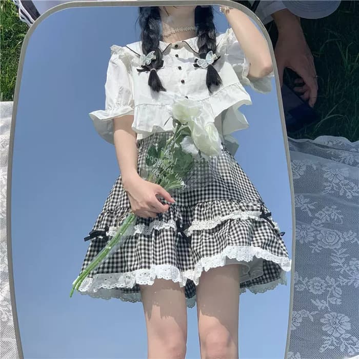 量産型/参戦服/推し活 涼し気セットアップ♪キュートなチェックスカート・ブラウス!