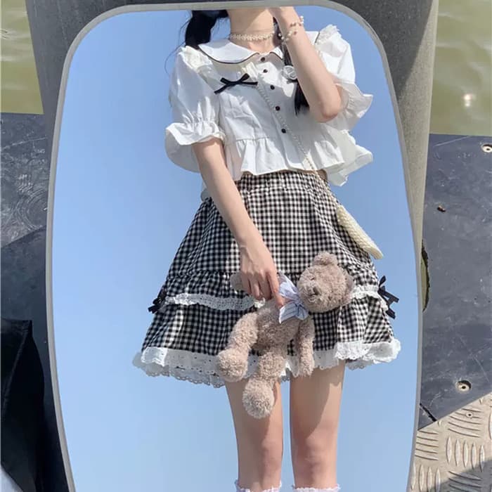量産型/参戦服/推し活 涼し気セットアップ♪キュートなチェックスカート・ブラウス!