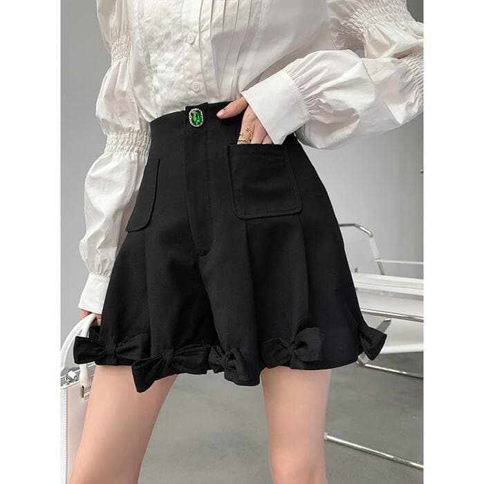 量産型/参戦服/推し活 ズボン リボン付きハイウエストショートパンツ