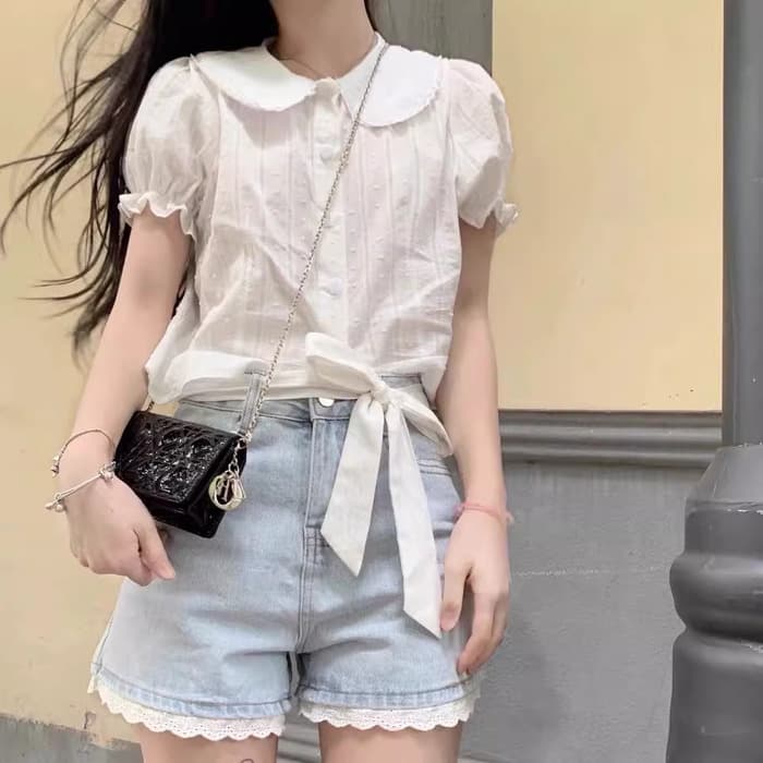 量産型/参戦服/推し活 シンプルレース!甘美なスプライシングシャツ♡ ブラウス