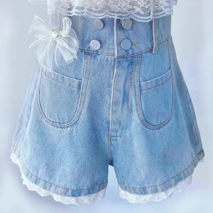 量産型/参戦服/推し活 女子っぽピンクリボンがかわいい♡デニムホットショーツ! ズボン