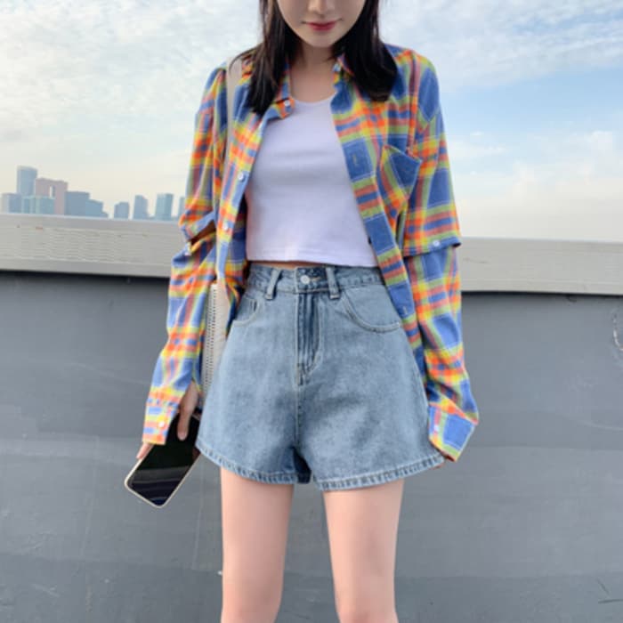 量産型/参戦服/推し活 甘辛スタイル!女子にぴったりAラインワイドデニムショーパン♡ ズボン
