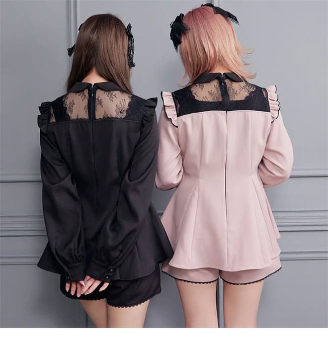 量産型/参戦服/推し活 襟付きレースミニワンピース&ショートパンツのセットアップ