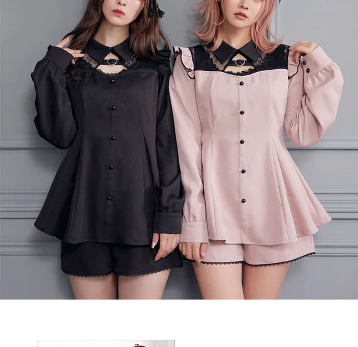 量産型/参戦服/推し活 襟付きレースミニワンピース&ショートパンツのセットアップ