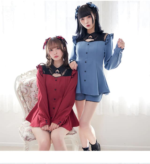 量産型/参戦服/推し活 襟付きレースミニワンピース&ショートパンツのセットアップ