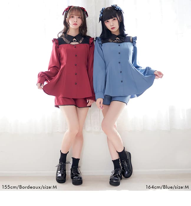 量産型/参戦服/推し活 襟付きレースミニワンピース&ショートパンツのセットアップ
