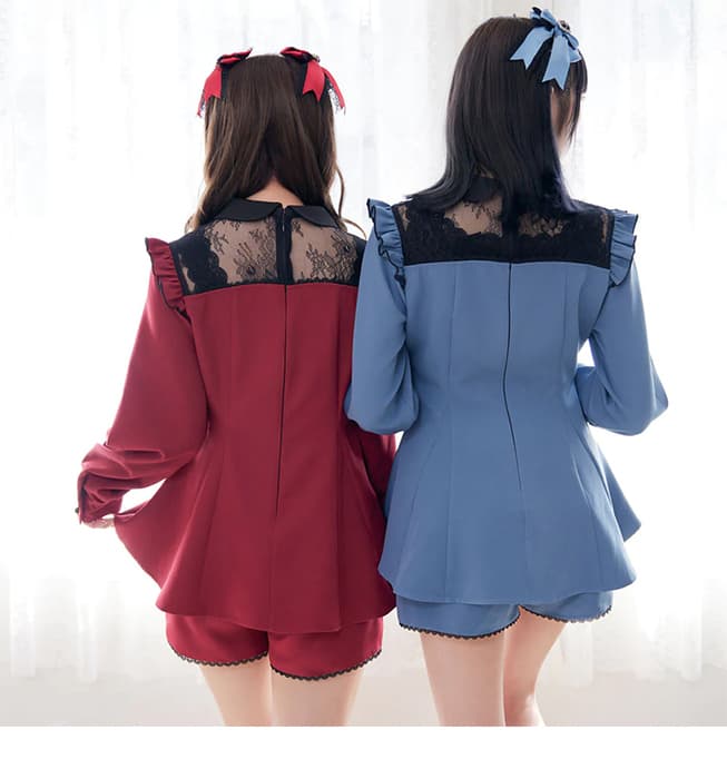 量産型/参戦服/推し活 襟付きレースミニワンピース&ショートパンツのセットアップ
