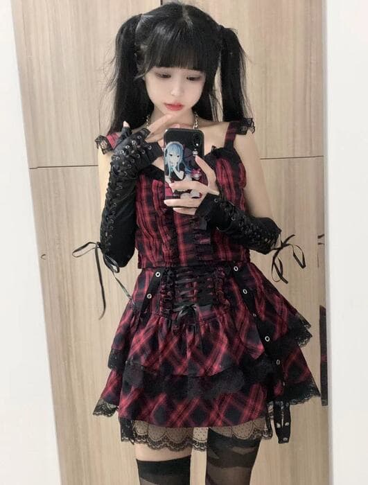 量産型/参戦服/推し活 パンク風編み上げガーリーセットアップ