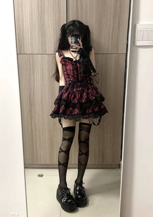 量産型/参戦服/推し活 パンク風編み上げガーリーセットアップ