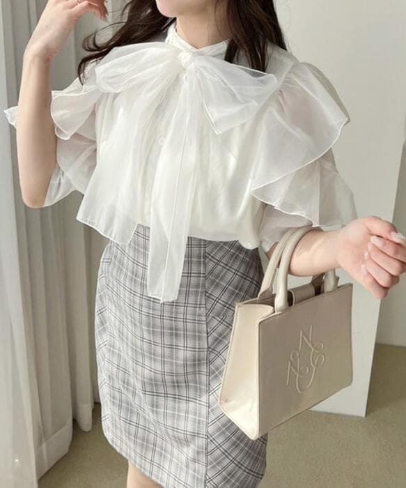 量産型/参戦服/推し活 チュールレースリボンブラウス
