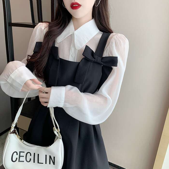 量産型/参戦服/推し活 ブラックリボンフレアワンピース