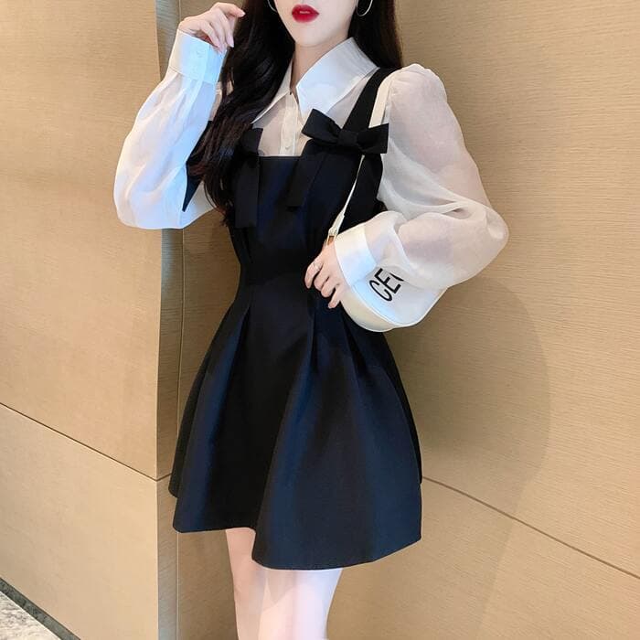 量産型/参戦服/推し活 ブラックリボンフレアワンピース