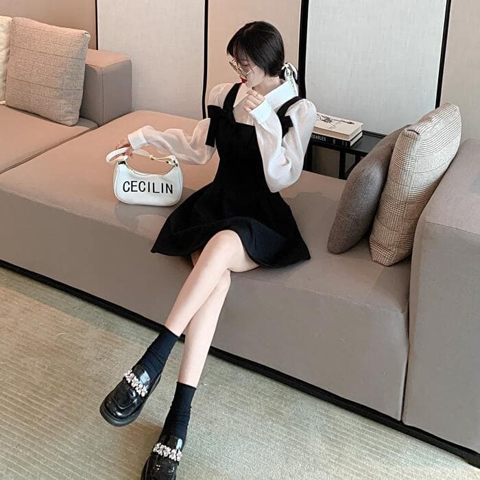 量産型/参戦服/推し活 ブラックリボンフレアワンピース