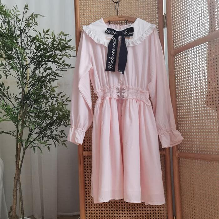 量産型/参戦服/推し活 英字プリント黒リボン ピンクフリルワンピース