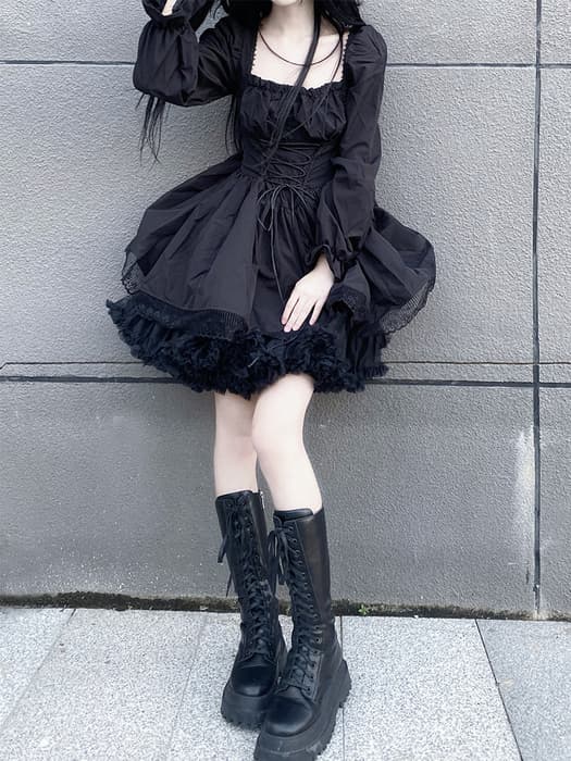 量産型/参戦服/推し活 編み上げブラックワンピース