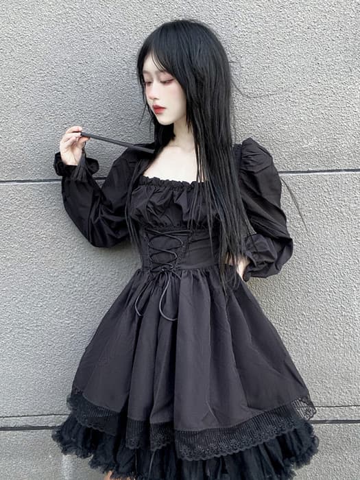 量産型/参戦服/推し活 編み上げブラックワンピース