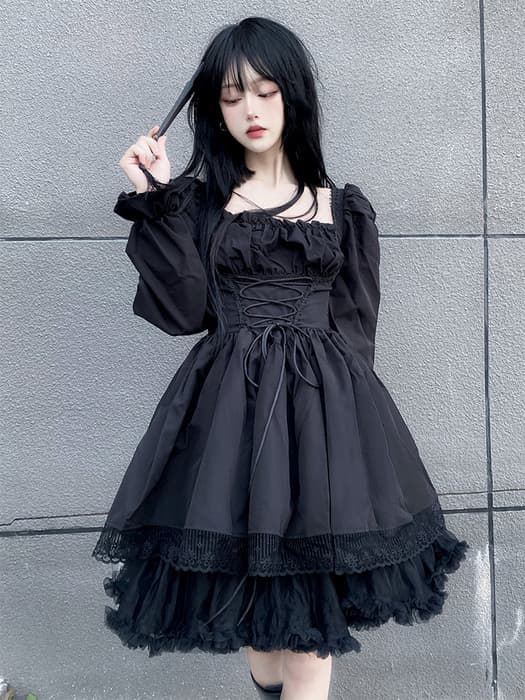 量産型/参戦服/推し活 編み上げブラックワンピース