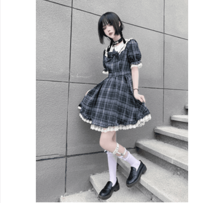 量産型/参戦服/推し活 ギンガムチェックがかわいい!襟付きワンピース