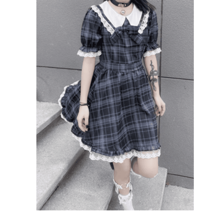 量産型/参戦服/推し活 ギンガムチェックがかわいい!襟付きワンピース