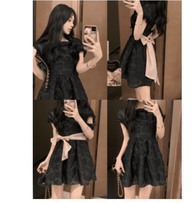 量産型/参戦服/推し活 バックのリボンが超可愛い!ブラック薔薇柄ワンピース