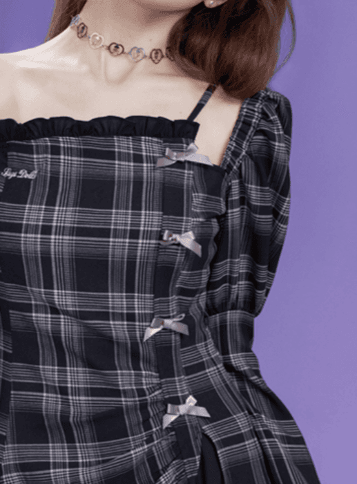 量産型/参戦服/推し活 重ね着風 チェック柄 ワンピース